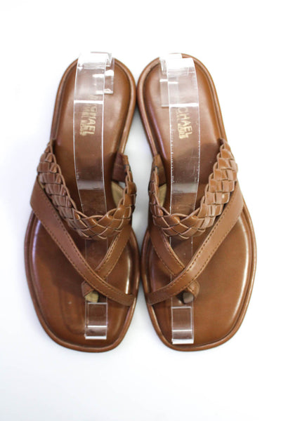 Michael Michael Kors Womens Brown Braided Toe T-Strap Flat Sandals Shoes Size5.5