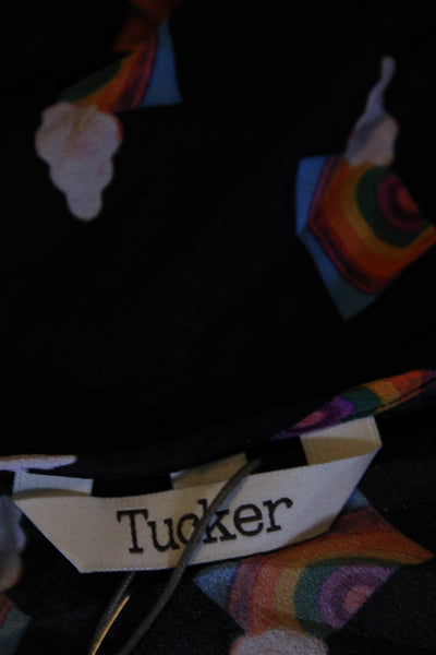 Tucker Womens Silk Rainbow Print V Neck Ruffle Trim A Line Dress Black Size M