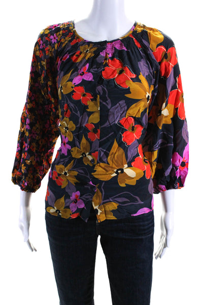 Tucker Womens Silk Floral Print Long Sleeve Button Down Blouse Navy Size M