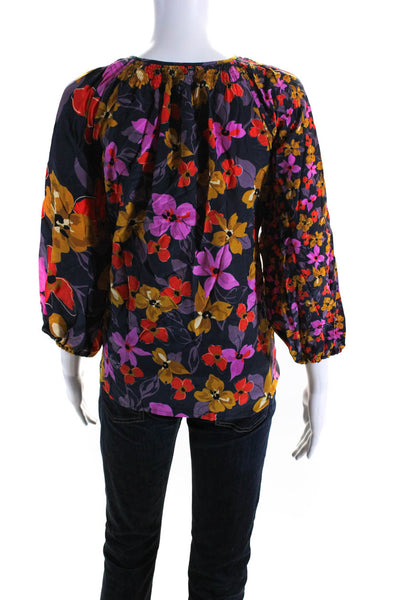 Tucker Womens Silk Floral Print Long Sleeve Button Down Blouse Navy Size M