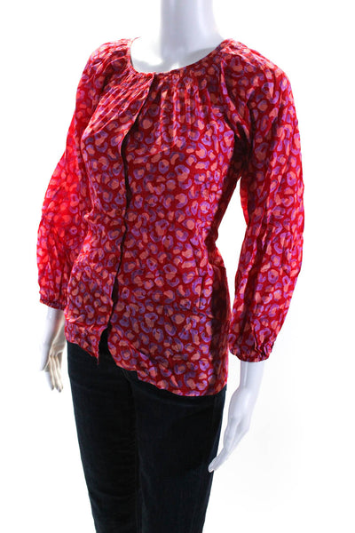 Tucker Womens Silk Leopard Print Long Sleeve Button Down Blouse Top Red Size M