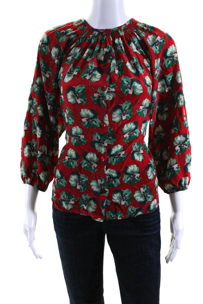 Tucker Womens Silk Floral Print Short Sleeve Button Down Blouse Red Size M