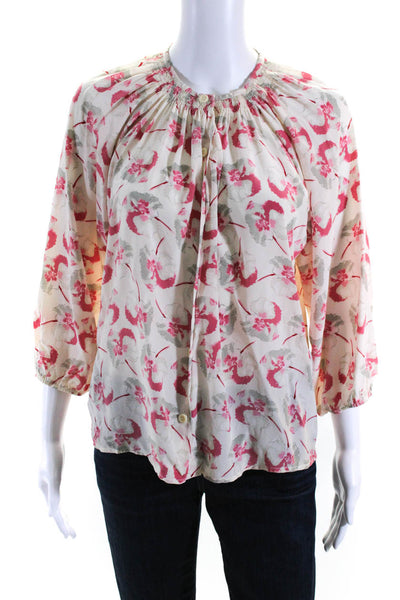 Tucker Womens Silk Button Down Floral Print Blouse White Pink Size P