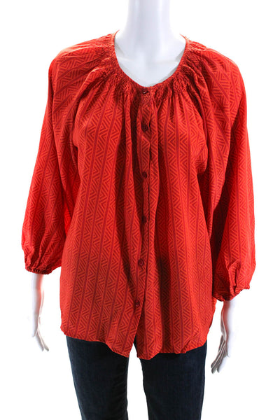 Tucker Womens Silk Geometric Print Long Sleeve Button Down Blouse Red Size M