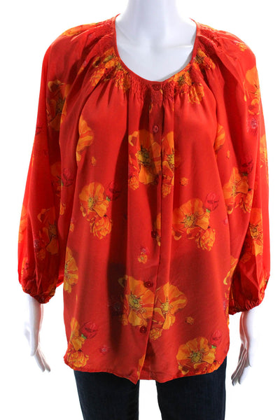 Tucker Womens Silk Floral Print Long Sleeve Button Down Blouse Orange Size L