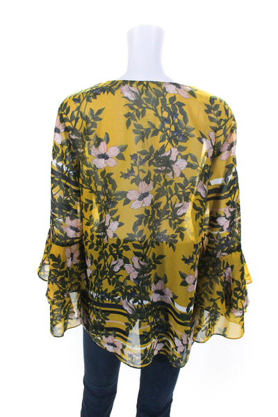 Cabi Womens Floral Flounce Long Sleeved V Neck Blouse Yellow Green Pink Size M
