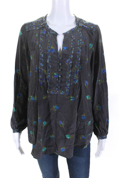 Rebecca Taylor Womens Silk Long Sleeve Floral V Neck Blouse Gray Size 8