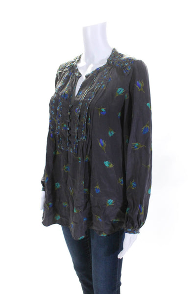 Rebecca Taylor Womens Silk Long Sleeve Floral V Neck Blouse Gray Size 8
