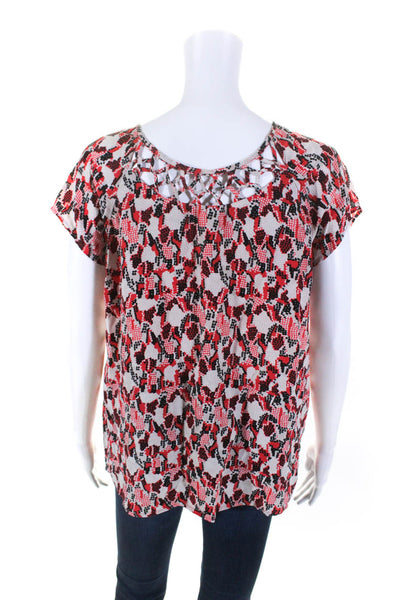 Joie Womens Silk Geometric Print Cutout Short Sleeve Blouse Red Size L