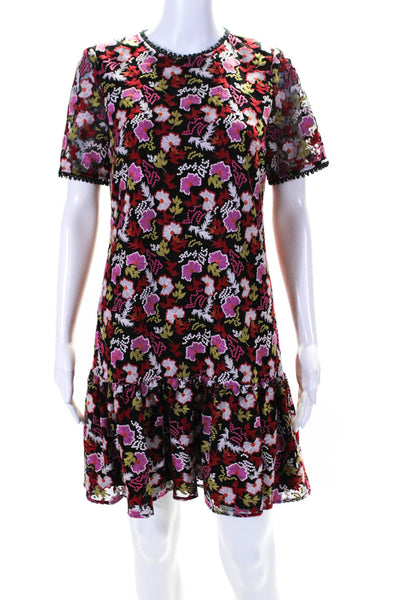 Saloni Womens Embroidered Floral Print Short Sleeve Mini Dress Multicolor Size 2