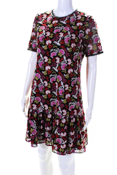 Saloni Womens Embroidered Floral Print Short Sleeve Mini Dress Multicolor Size 2