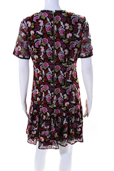 Saloni Womens Embroidered Floral Print Short Sleeve Mini Dress Multicolor Size 2