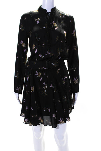 A.L.C. Womens Silk Floral Belted Stretch Waist Long Sleeve Dress Black Size 0