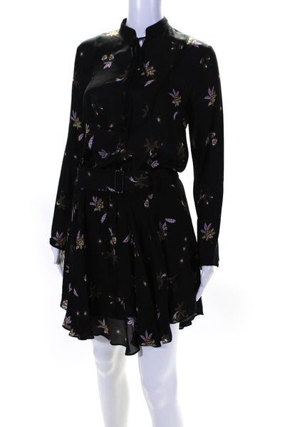 A.L.C. Womens Silk Floral Belted Stretch Waist Long Sleeve Dress Black Size 0