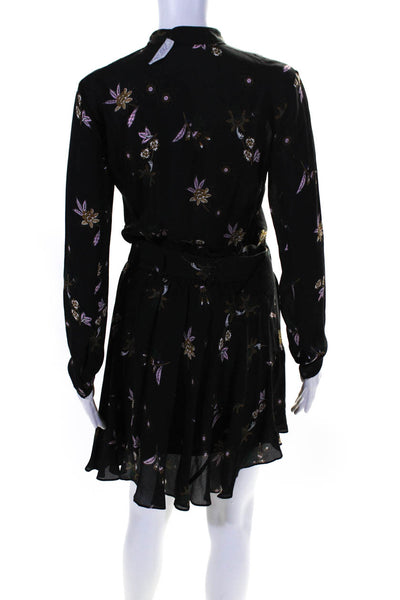 A.L.C. Womens Silk Floral Belted Stretch Waist Long Sleeve Dress Black Size 0