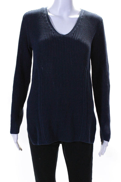 Athleta Womens Cotton Blend V-Neck Long Sleeve Pullover Sweater Top Navy Size XS