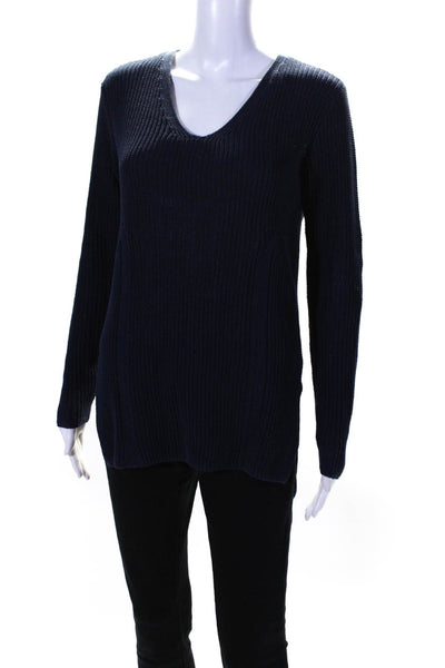 Athleta Womens Cotton Blend V-Neck Long Sleeve Pullover Sweater Top Navy Size XS