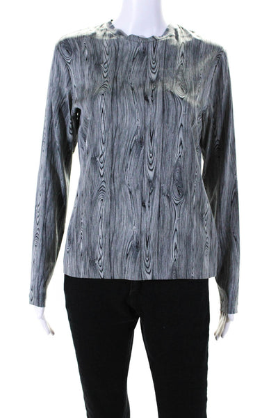 Nicole Miller Womens Long Sleeve Crew Neck Wood Printed Silk Shirt Gray Size 6