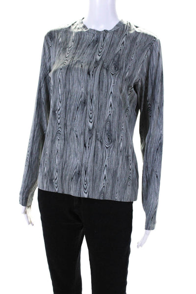 Nicole Miller Womens Long Sleeve Crew Neck Wood Printed Silk Shirt Gray Size 6