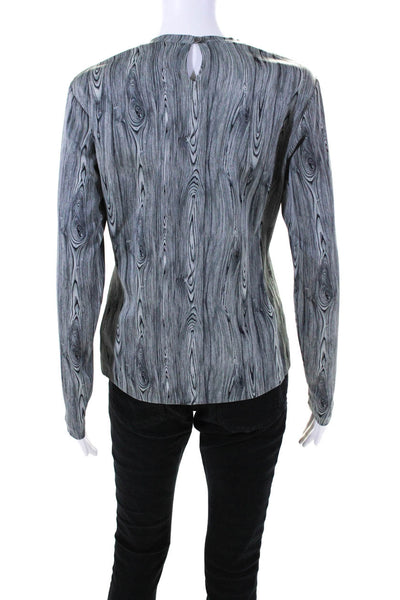 Nicole Miller Womens Long Sleeve Crew Neck Wood Printed Silk Shirt Gray Size 6