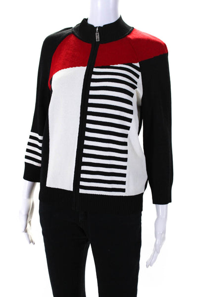 St. John Womens Zip Up 3/4 Sleeve Striped Santana Knit Jacket Black White Small