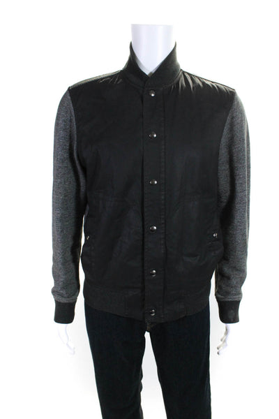 Vince Mens Waxed Coated Twill Knit Sleeve Varsity Jacket Black Gray Size Medium