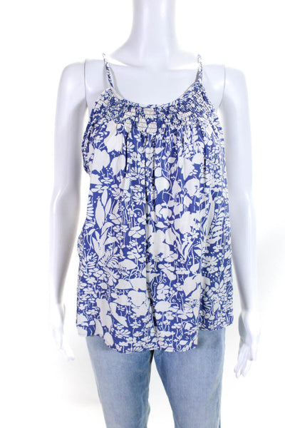 Cynthia Rowley Womens Floral Print Smocked Pleat Button Tank Blouse Blue Size S