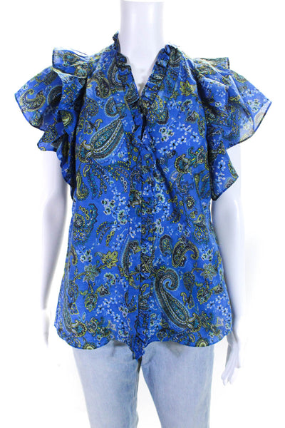 Kobi Halperin Womens Cotton Paisley Print Ruffled Buttoned Blouse Blue Size XS