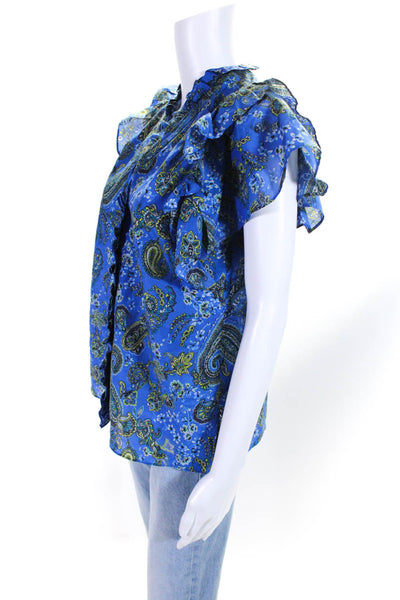 Kobi Halperin Womens Cotton Paisley Print Ruffled Buttoned Blouse Blue Size XS