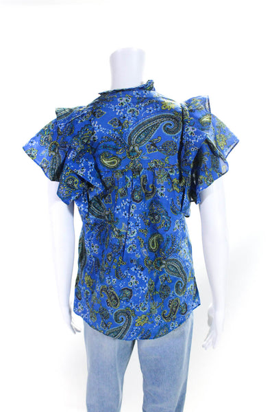 Kobi Halperin Womens Cotton Paisley Print Ruffled Buttoned Blouse Blue Size XS