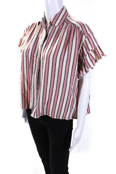 The Great Womens Cotton Striped Print Ruffled Button Up Top Multicolor Size 00
