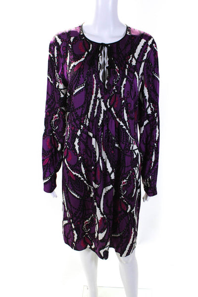 Elie Tahari Womens Silk Abstract Print Knee Length A-Line Dress Purple Size L
