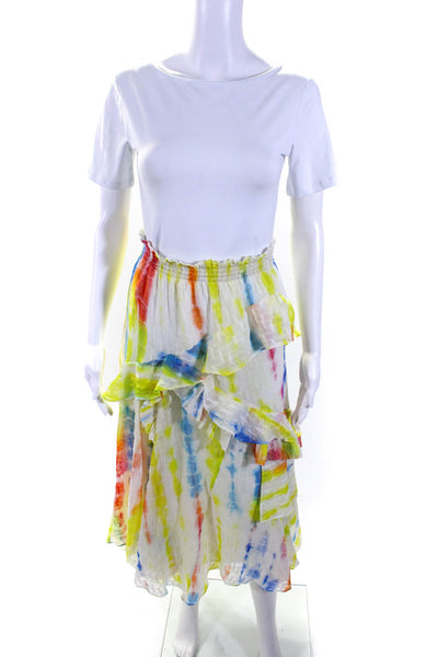 Tanya Taylor Womens Ruffled Elastic Waist Midi Skirt Yellow White Blue Size 2