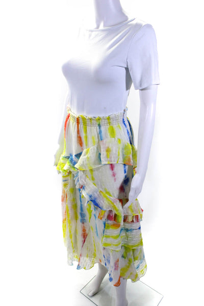 Tanya Taylor Womens Ruffled Elastic Waist Midi Skirt Yellow White Blue Size 2