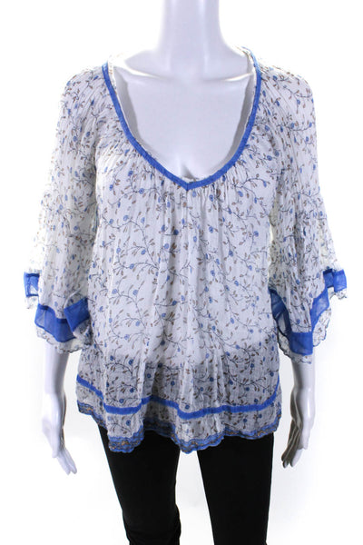 Poupette St. Barth Womens Sheer Floral Half Sleeved Blouse White Blue Size OS