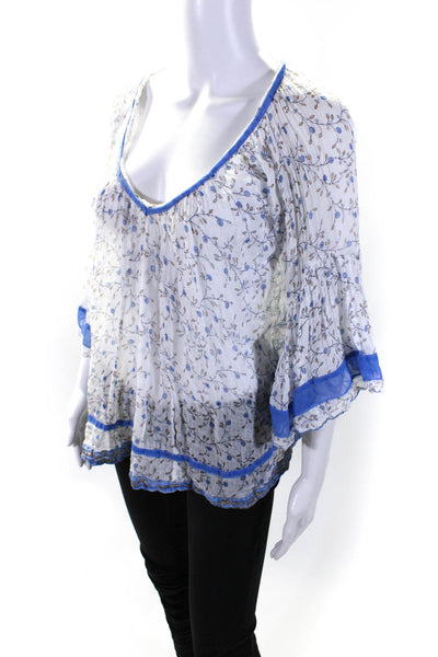 Poupette St. Barth Womens Sheer Floral Half Sleeved Blouse White Blue Size OS