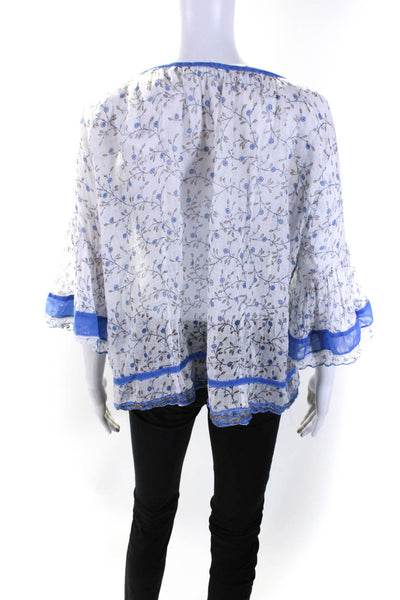 Poupette St. Barth Womens Sheer Floral Half Sleeved Blouse White Blue Size OS