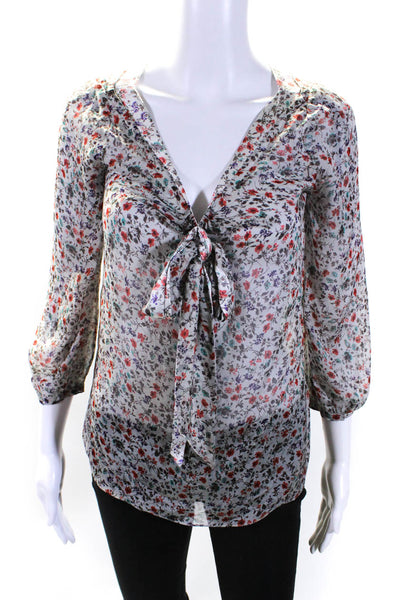 Vera Wang Lavender Label Womens Floral Long Sleeved Tied Neck Blouse Gray Size 2