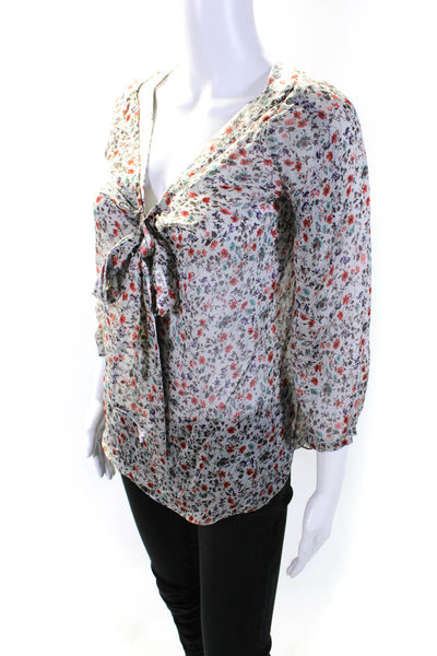 Vera Wang Lavender Label Womens Floral Long Sleeved Tied Neck Blouse Gray Size 2