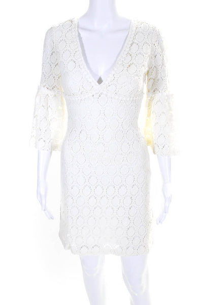 Trina Turk Womens Lace Flared 3/4 Sleeved V Neck Empire Waist Dress White Size 4