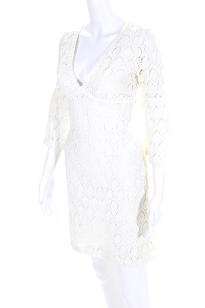 Trina Turk Womens Lace Flared 3/4 Sleeved V Neck Empire Waist Dress White Size 4