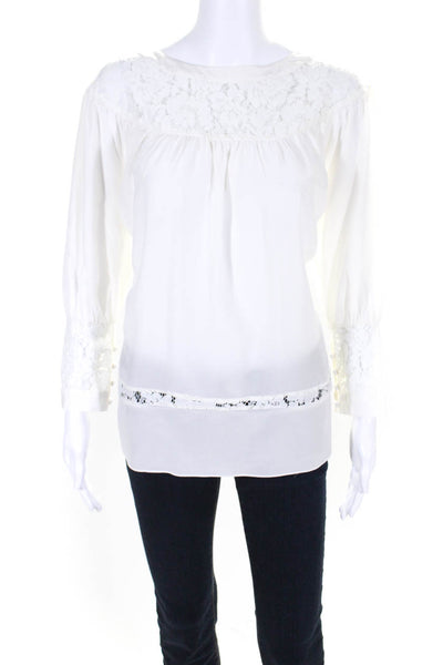 Rachel Zoe Womens Floral Open Lace Boat Neck Long Sleeved Blouse White Size S