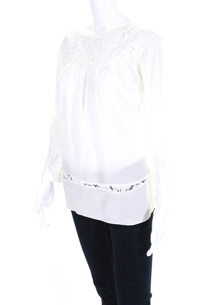 Rachel Zoe Womens Floral Open Lace Boat Neck Long Sleeved Blouse White Size S