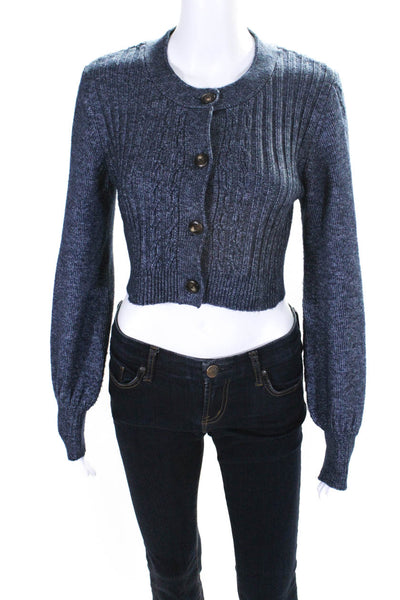 Toccin Womens Cable Knit Round Neck Cropped Cardigan Sweater Blue Size S