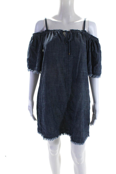 Trina Turk Womens Blue Chambray Off Shoulder Short Sleeve A-Line Dress Size S