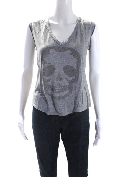 Zadig & Voltaire Womens Gray Skull Bedazzled V-Neck Sleeveless Blouse Top Size M