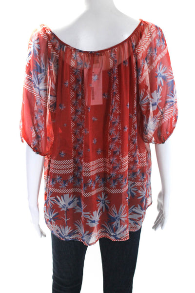 Joie Womens Red Floral Lined Scoop Neck Cotton Short Sleeve Blouse Top Size M