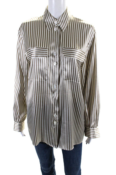 BASLER Womens Button Front Collared Silk Striped Shirt White Brown Size FR 38