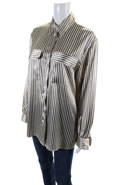 BASLER Womens Button Front Collared Silk Striped Shirt White Brown Size FR 38