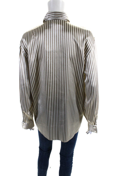 BASLER Womens Button Front Collared Silk Striped Shirt White Brown Size FR 38